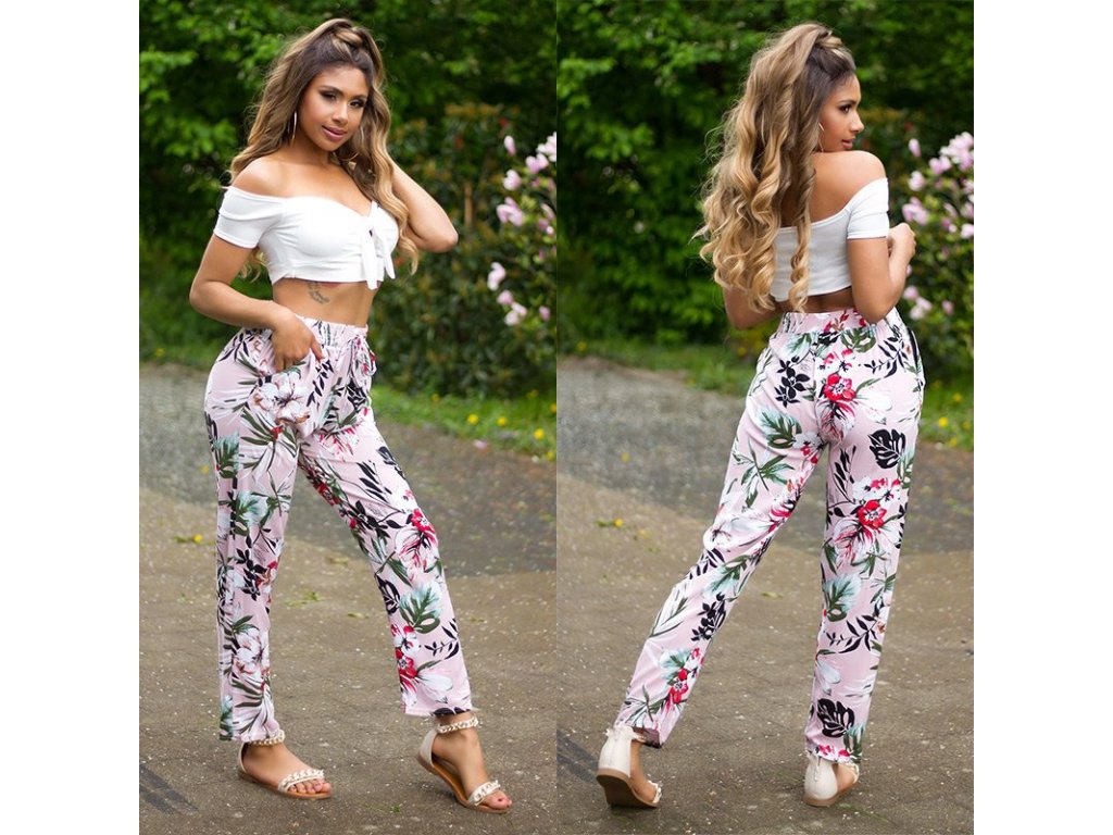 Letní kalhoty s potiskem Ariana růžové