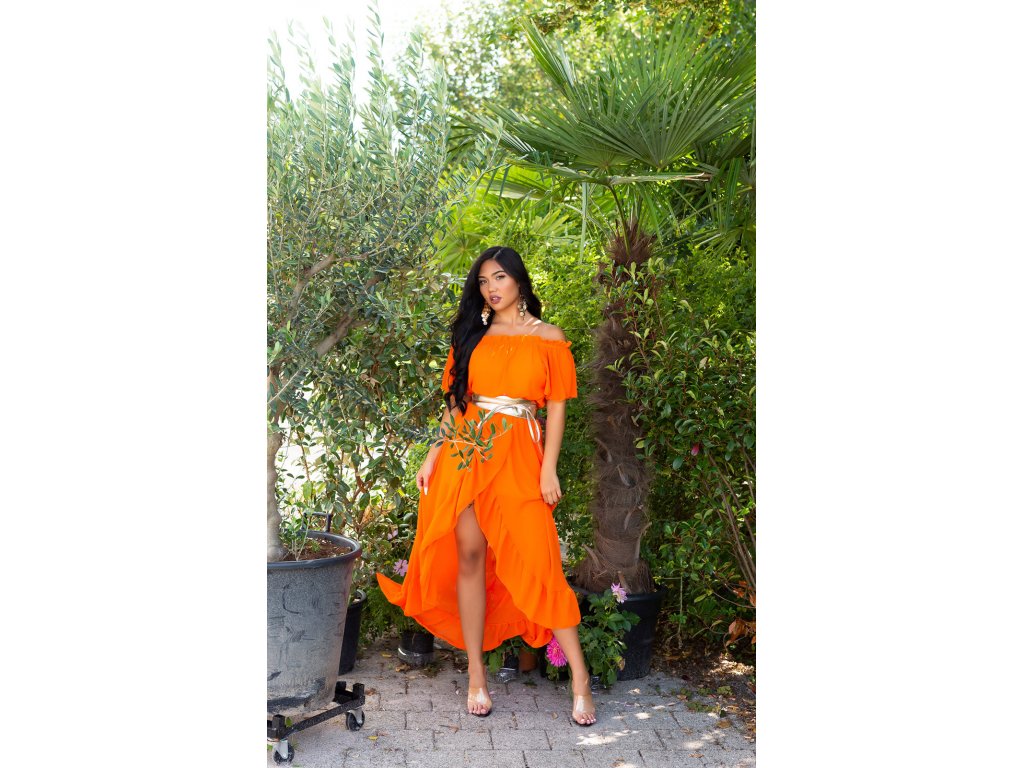 Maxi šaty s výstřihem carmen Violet oranžové