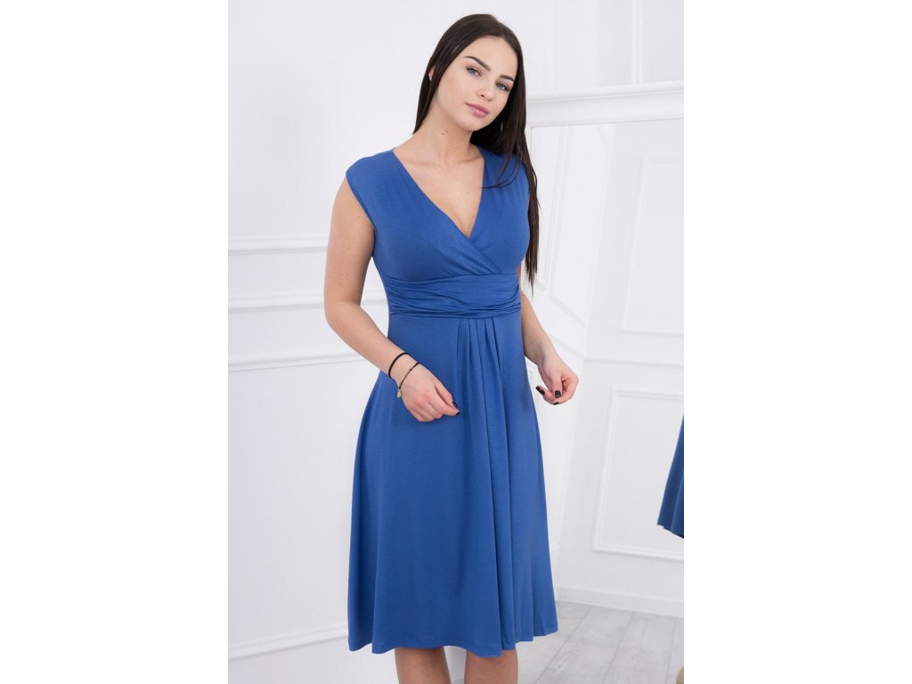 Midi šaty s rozšířenou sukýnkou Anngela džínově modré