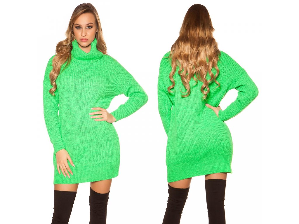 Oversize pletené šaty s rolákem neonově zelené