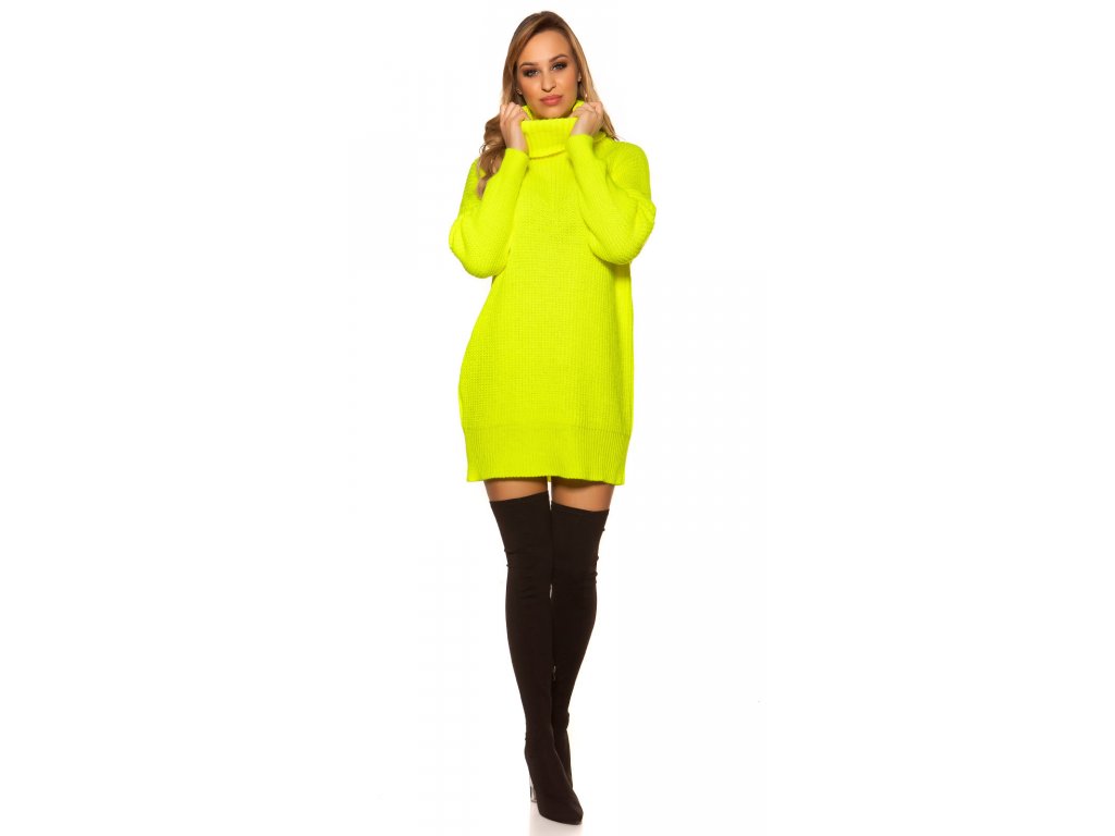 Oversize pletené šaty s rolákem neonově žluté