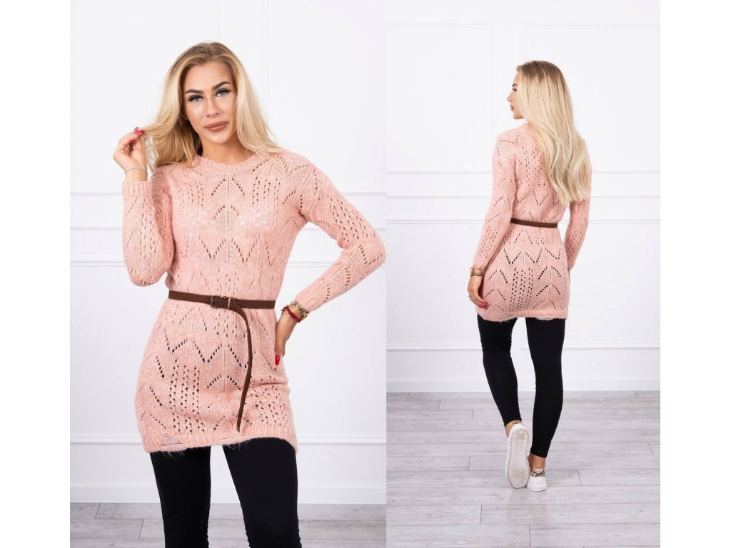 Pletené šaty/dlouhý svetr s páskem Albertine pudrově růžové