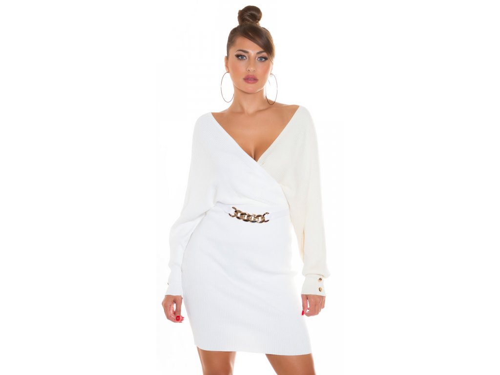 Pletené šaty s ozdobnou sponou Les bílý