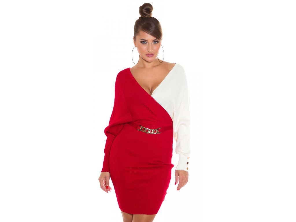 Pletené šaty s ozdobnou sponou Les červené/bílé