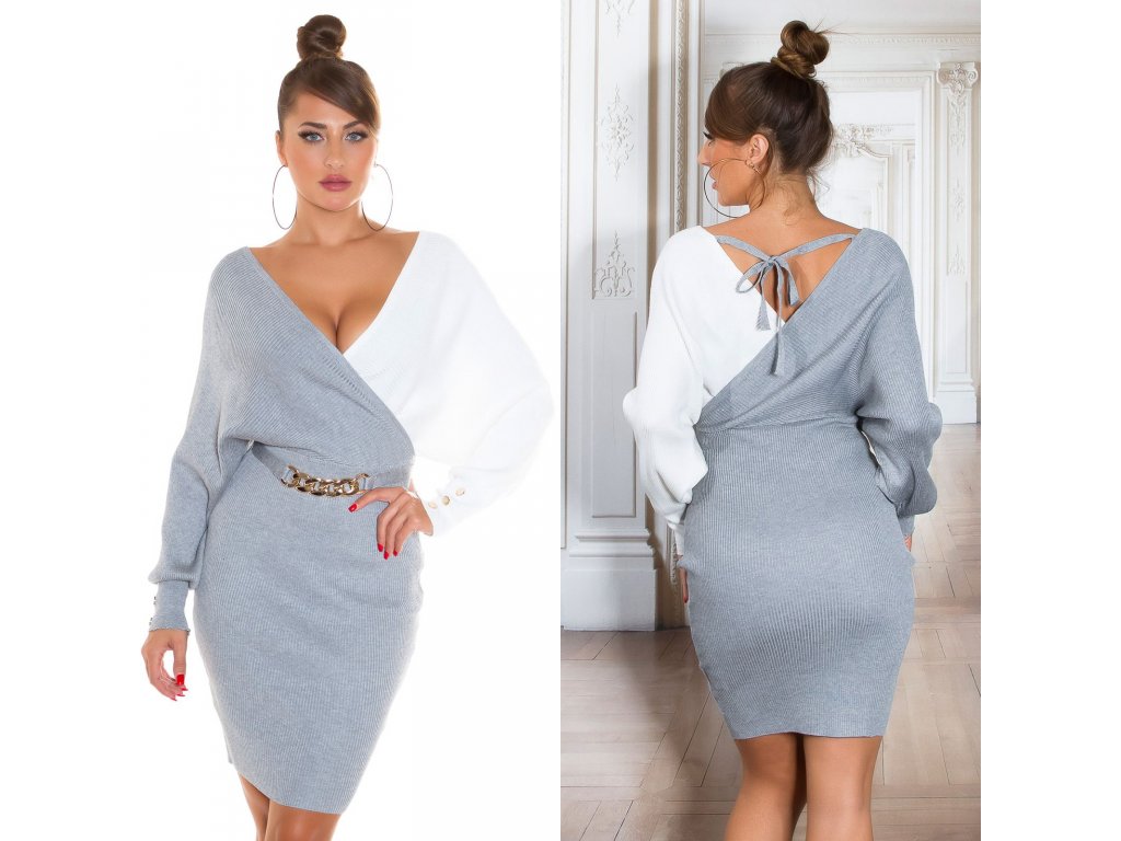 Pletené šaty s ozdobnou sponou Les šedé/bílé