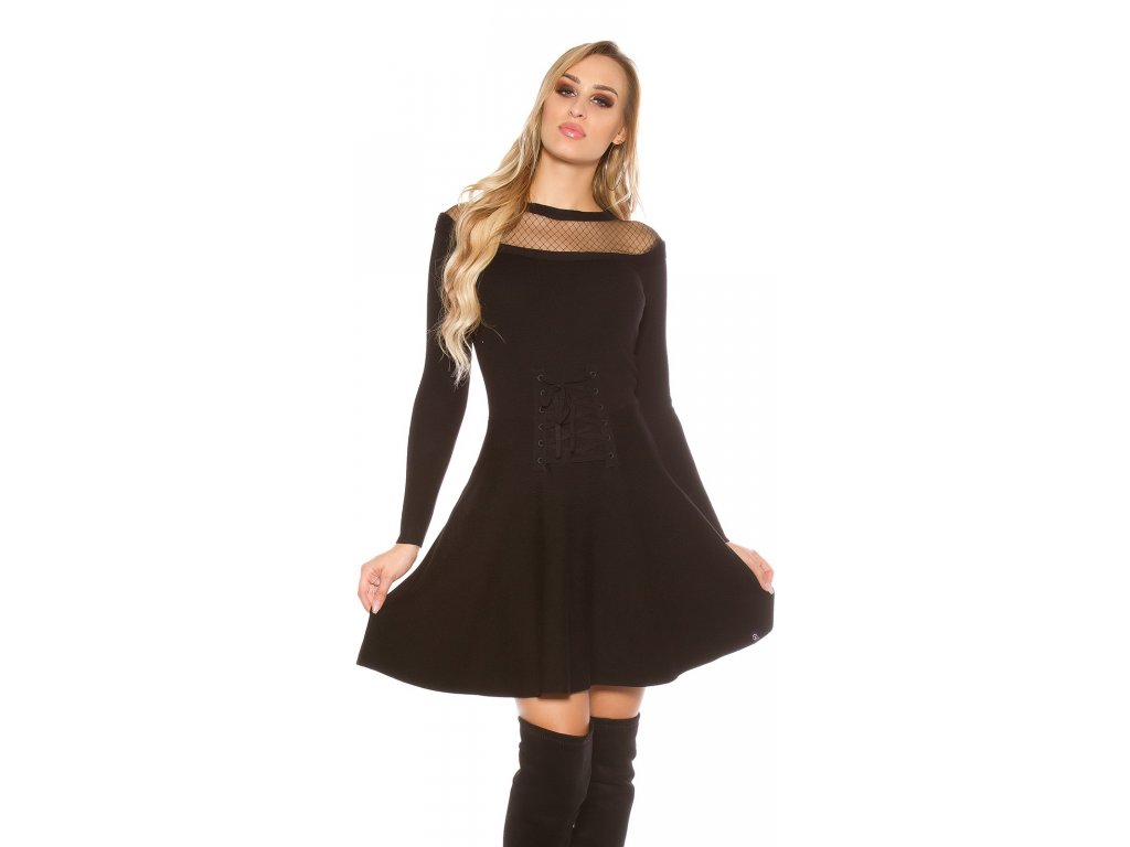 Pletené šaty v korzetovém vzhledu se síťovinou Koucla černé