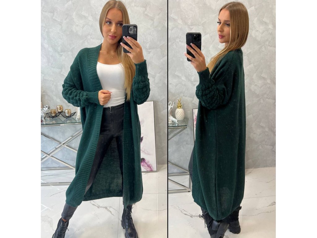 Pletený extrémně dlouhý cardigan Andrea tmavě zelený