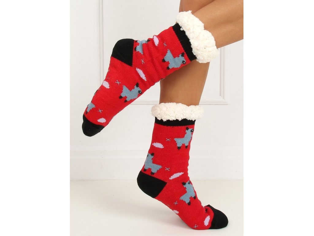Ponožky s ovečkami zateplené beránkem Linda červené