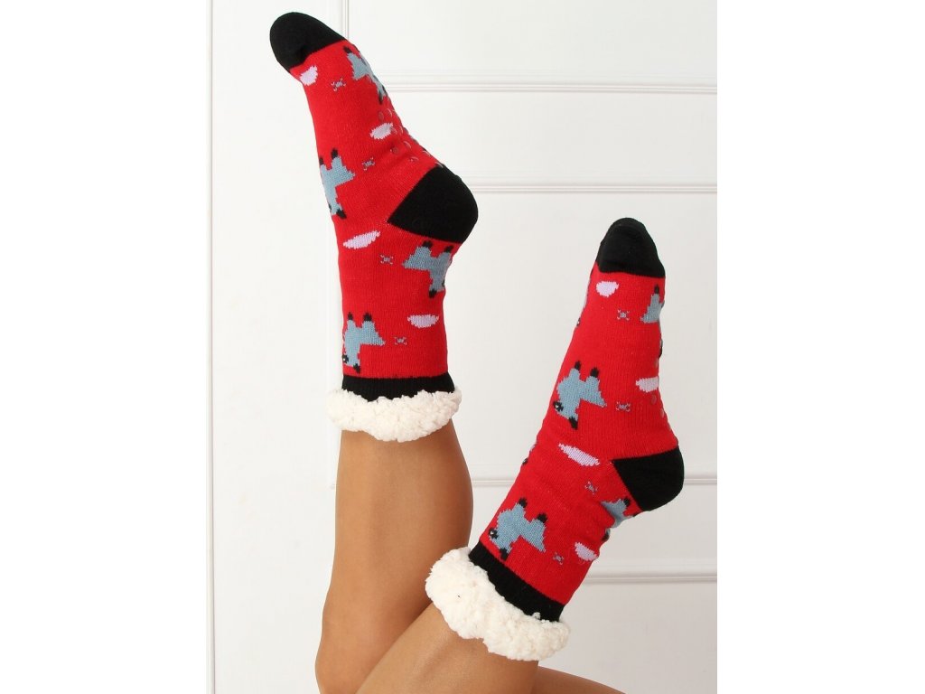 Ponožky s ovečkami zateplené beránkem Linda červené