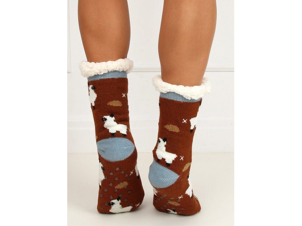 Ponožky s ovečkami zateplené beránkem Linda tmavě hnědé