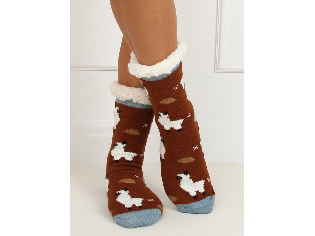 Ponožky s ovečkami zateplené beránkem Linda tmavě hnědé