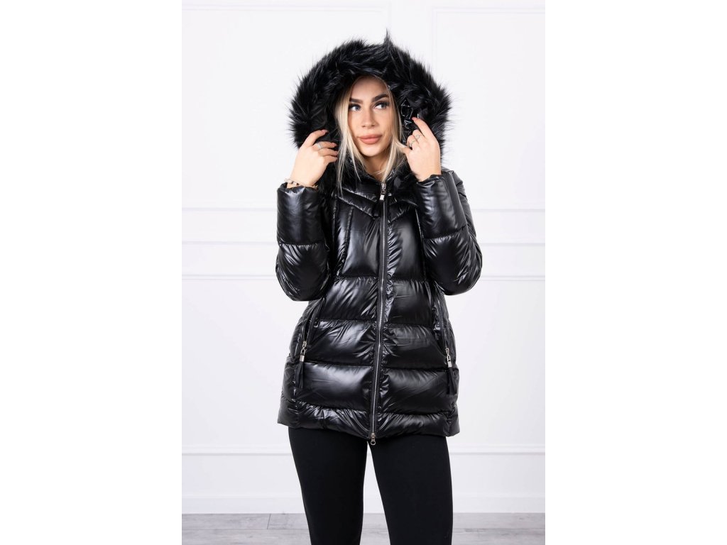 Prošívaná zimní bunda s kapucí a kožešinou Bithia černá