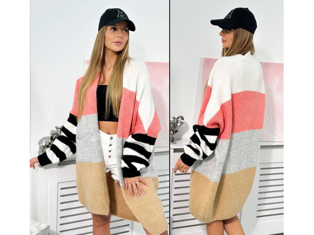 Pruhovaný cardigan Kathleen malinový/šedý/camel