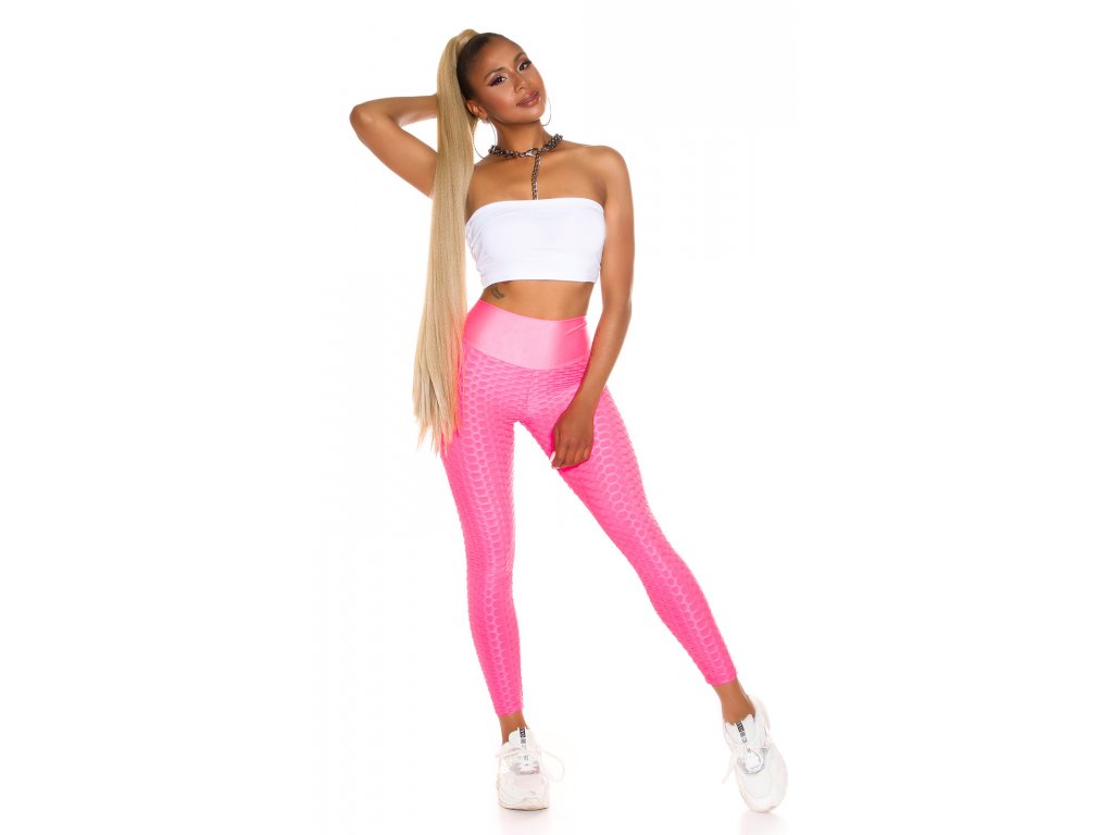 Push-up legíny s vysokým pasem a mašlí Cecelia neonově růžové