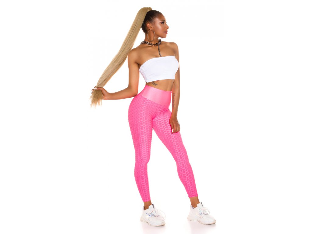 Push-up legíny s vysokým pasem a mašlí Cecelia neonově růžové
