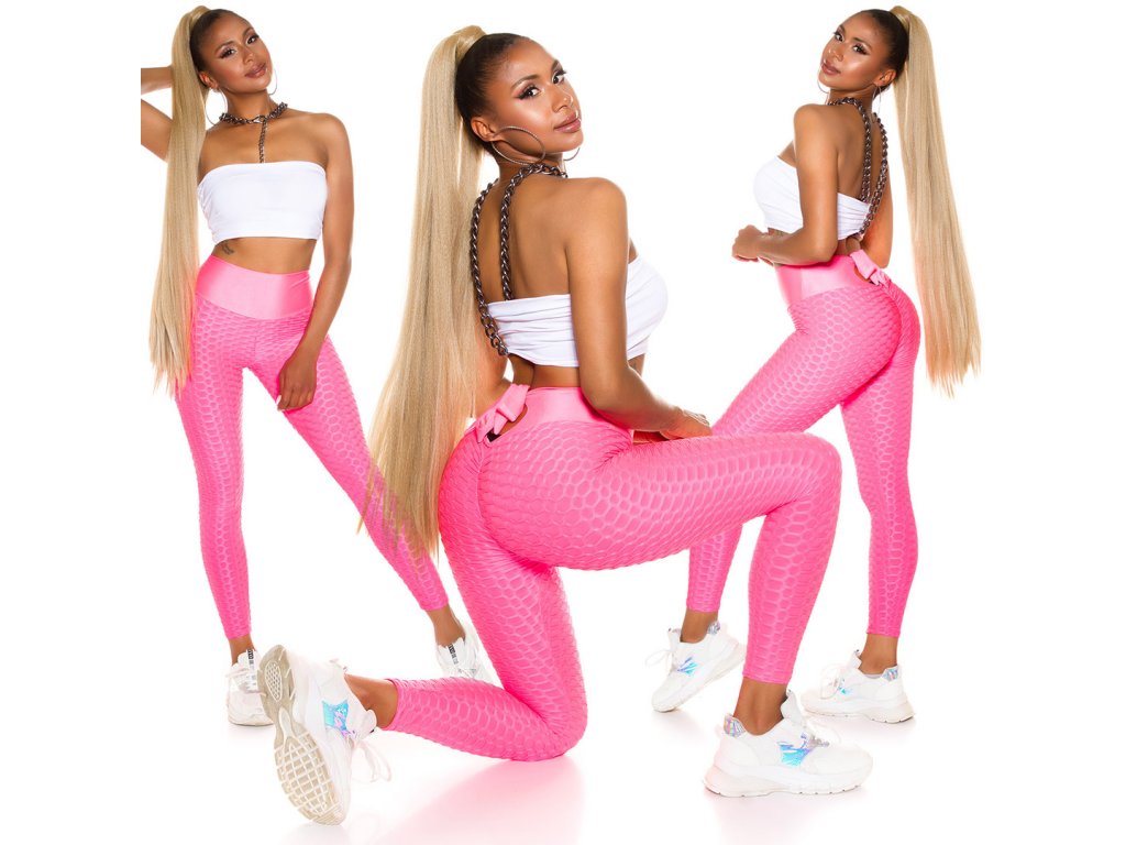 Push-up legíny s vysokým pasem a mašlí Cecelia neonově růžové