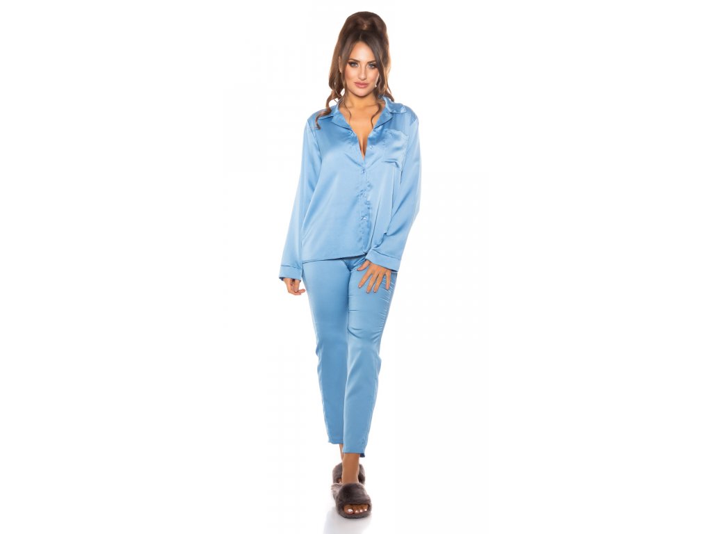 Saténové pyžamo se zapínáním Annitta modré
