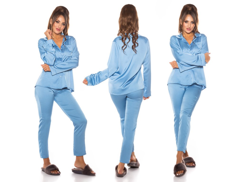 Saténové pyžamo se zapínáním Annitta modré