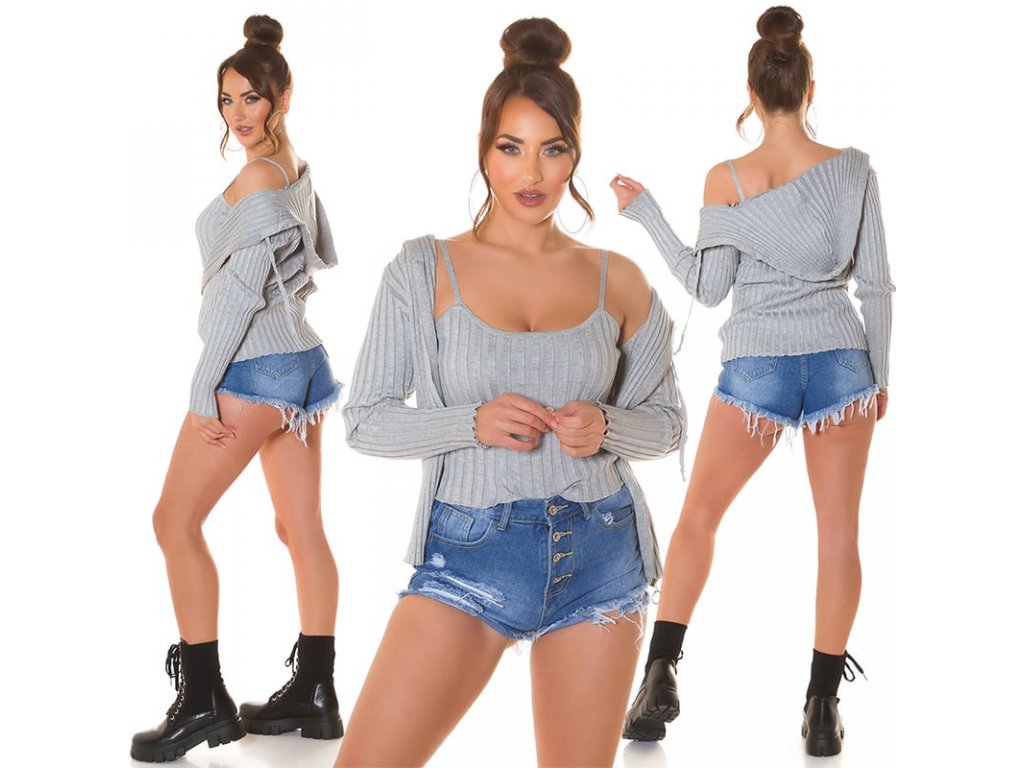 Set svetr na zip + crop top Lizzy šedý