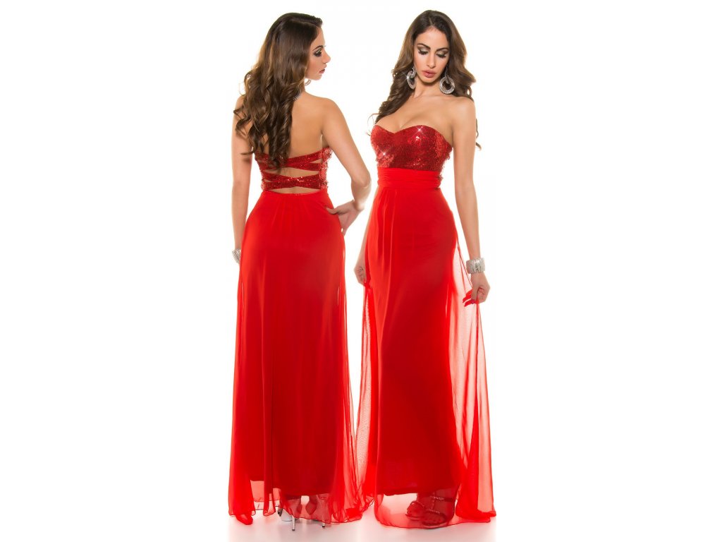 Společenské dlouhé šaty s flitry Červené