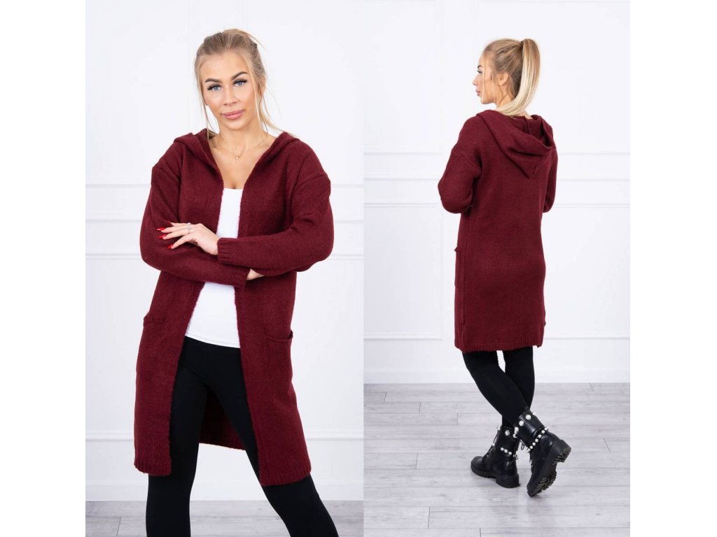 Teplý cardigan s kapucí a kapsami Kortney bordó