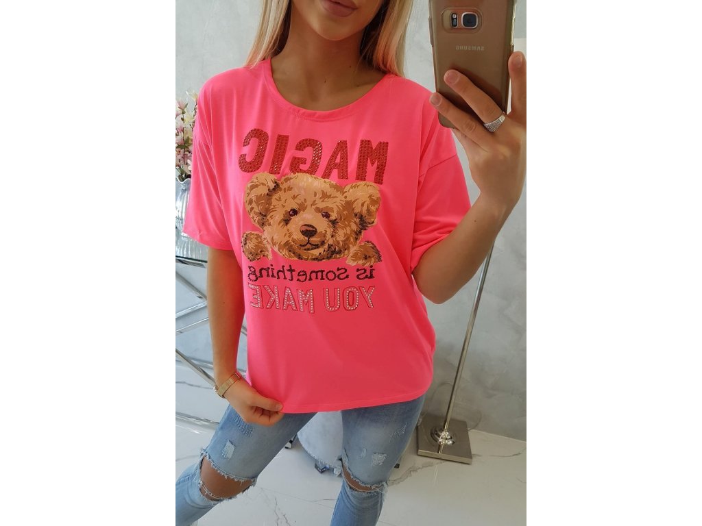 Tričko s medvídkem Lakisha neonově růžové