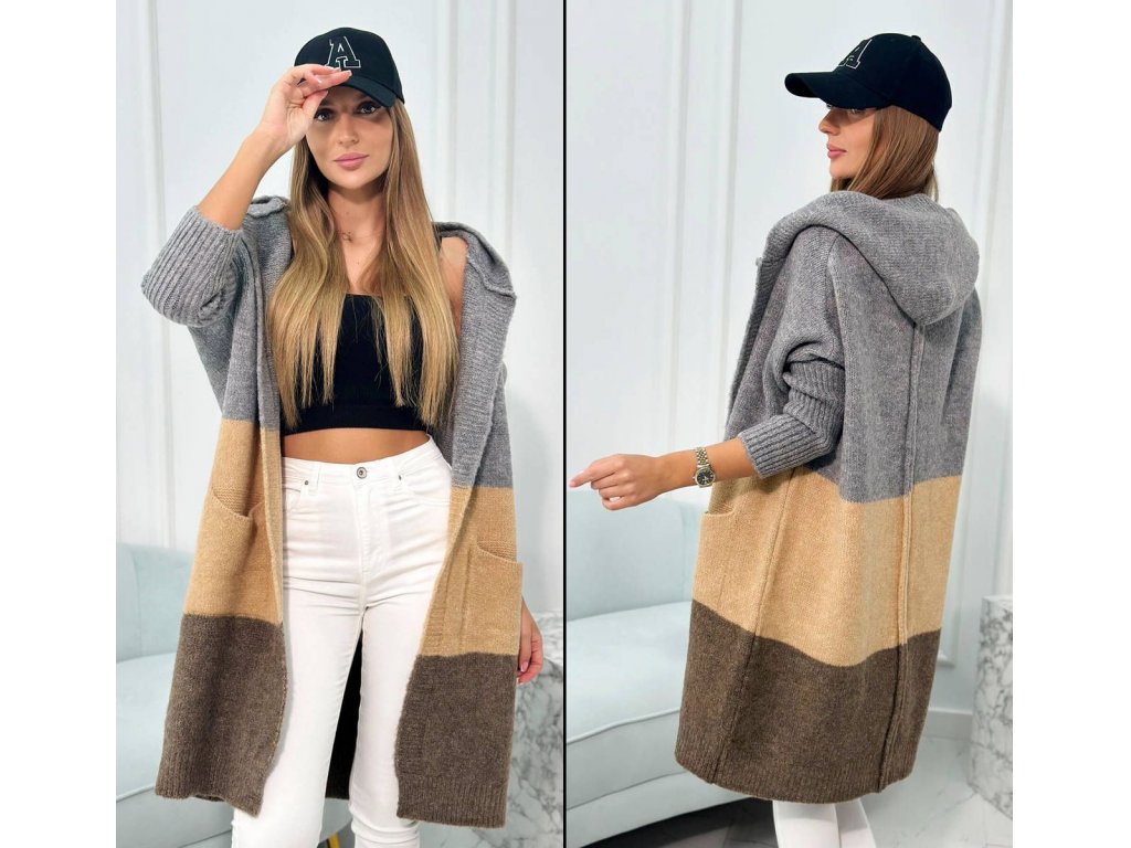 Tricolor cardigan Carrie šedý/camel/hnědý