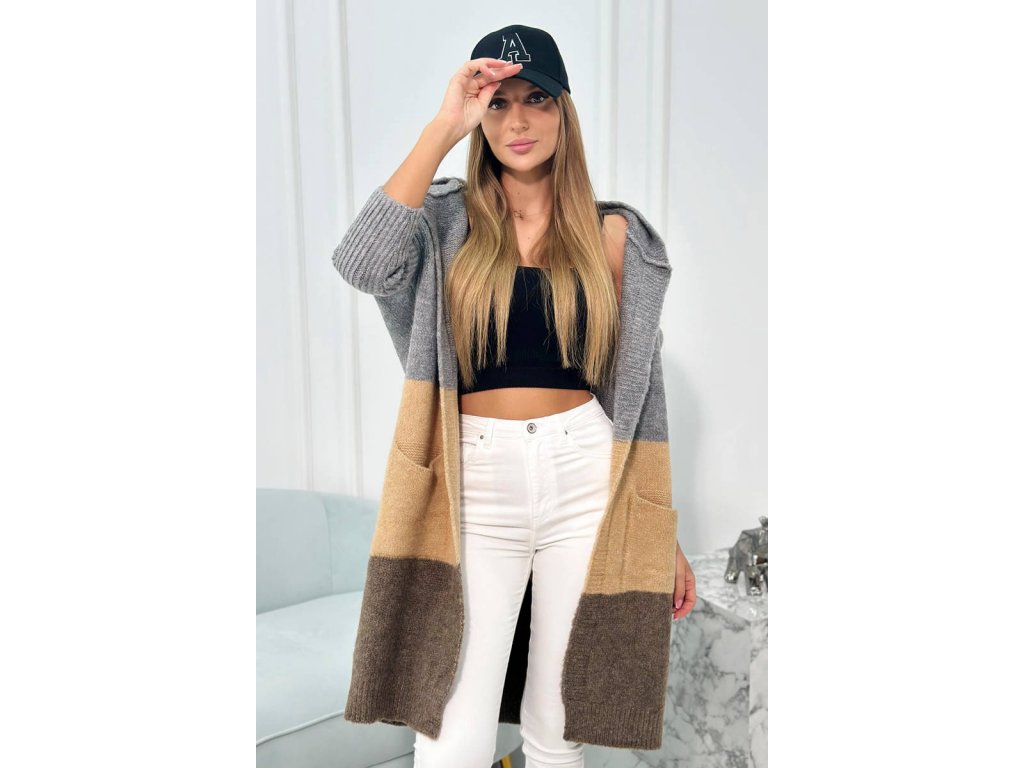 Tricolor cardigan Carrie šedý/camel/hnědý