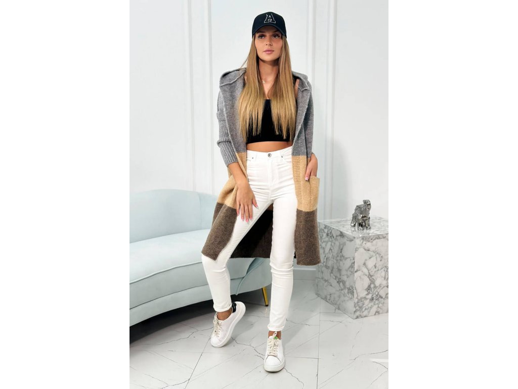 Tricolor cardigan Carrie šedý/camel/hnědý