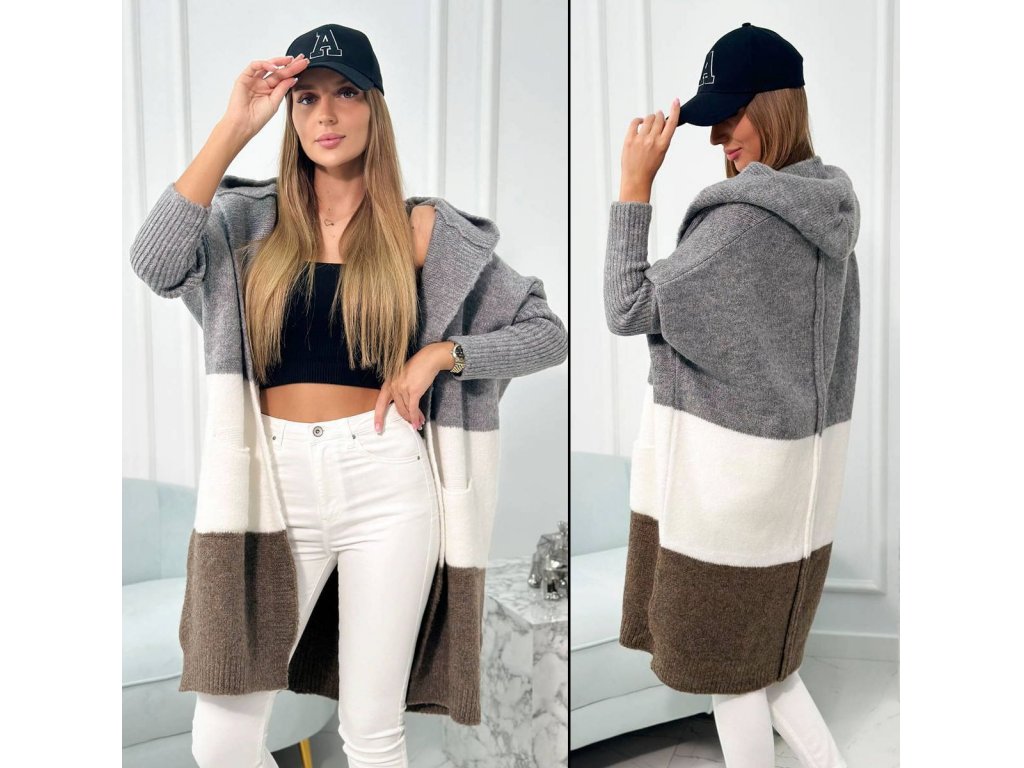 Tricolor cardigan Carrie šedý/ecru/hnědý