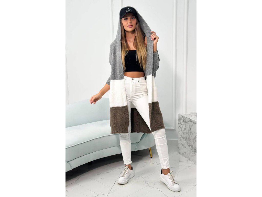 Tricolor cardigan Carrie šedý/ecru/hnědý