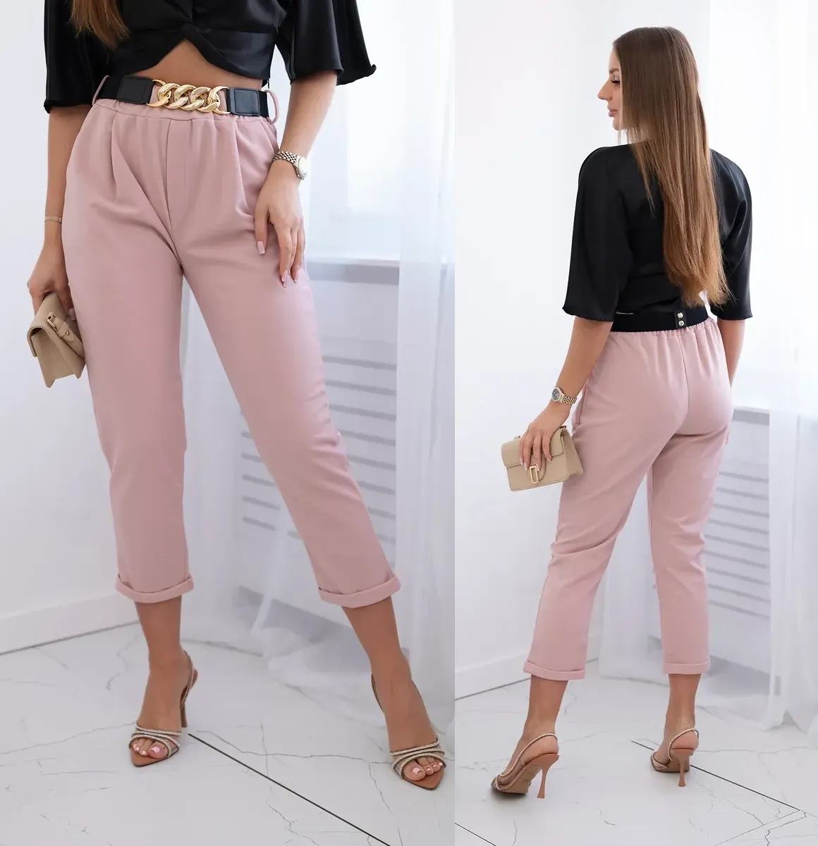 Capri kalhoty s páskem Kelsey pudrově růžové Velikost: Univerzální