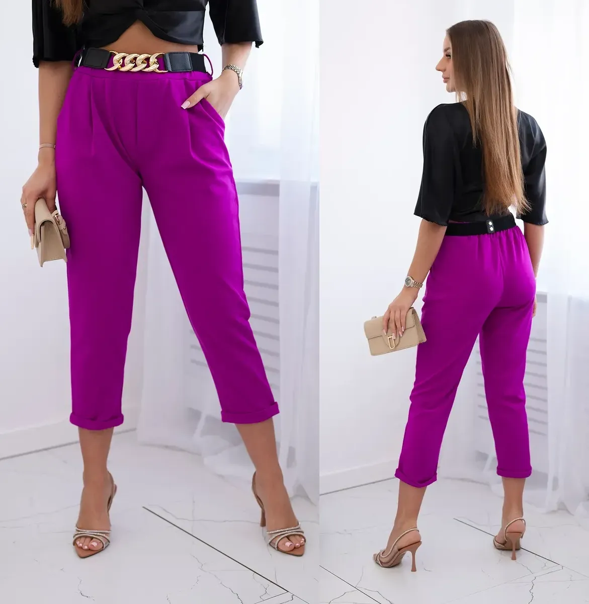 Capri kalhoty s páskem Kelsey tmavě fialové Velikost: Univerzální