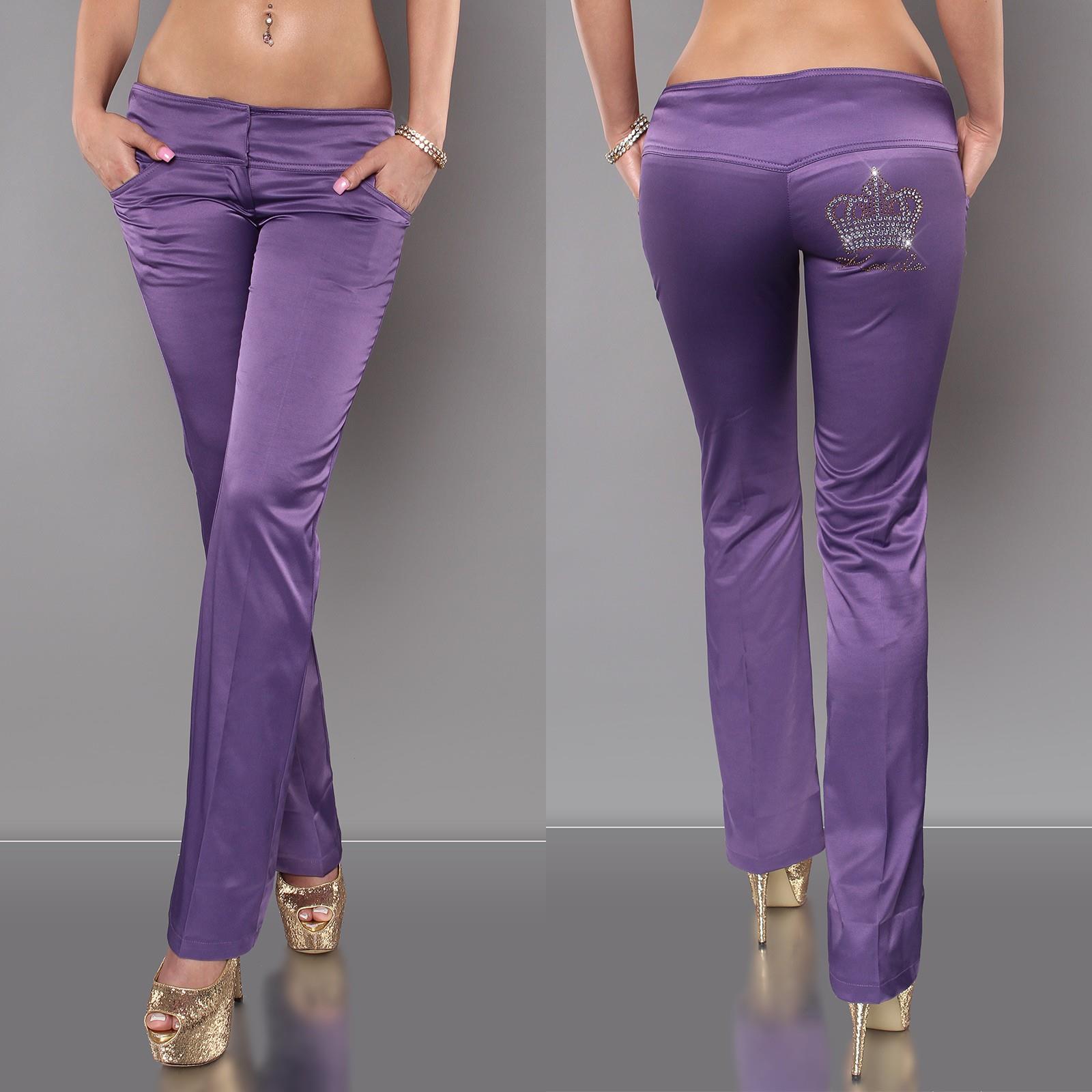 Dámské saténové kalhoty s kamínky Koucla fialové Velikost: 36