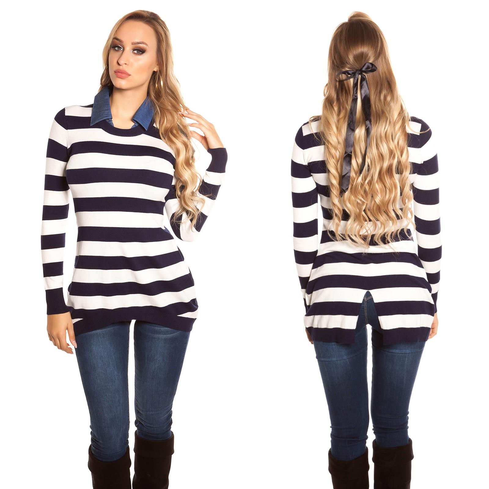 Dámský pruhovaný svetr s džínovým límcem Koucla námořnický Velikost: Univerzální
