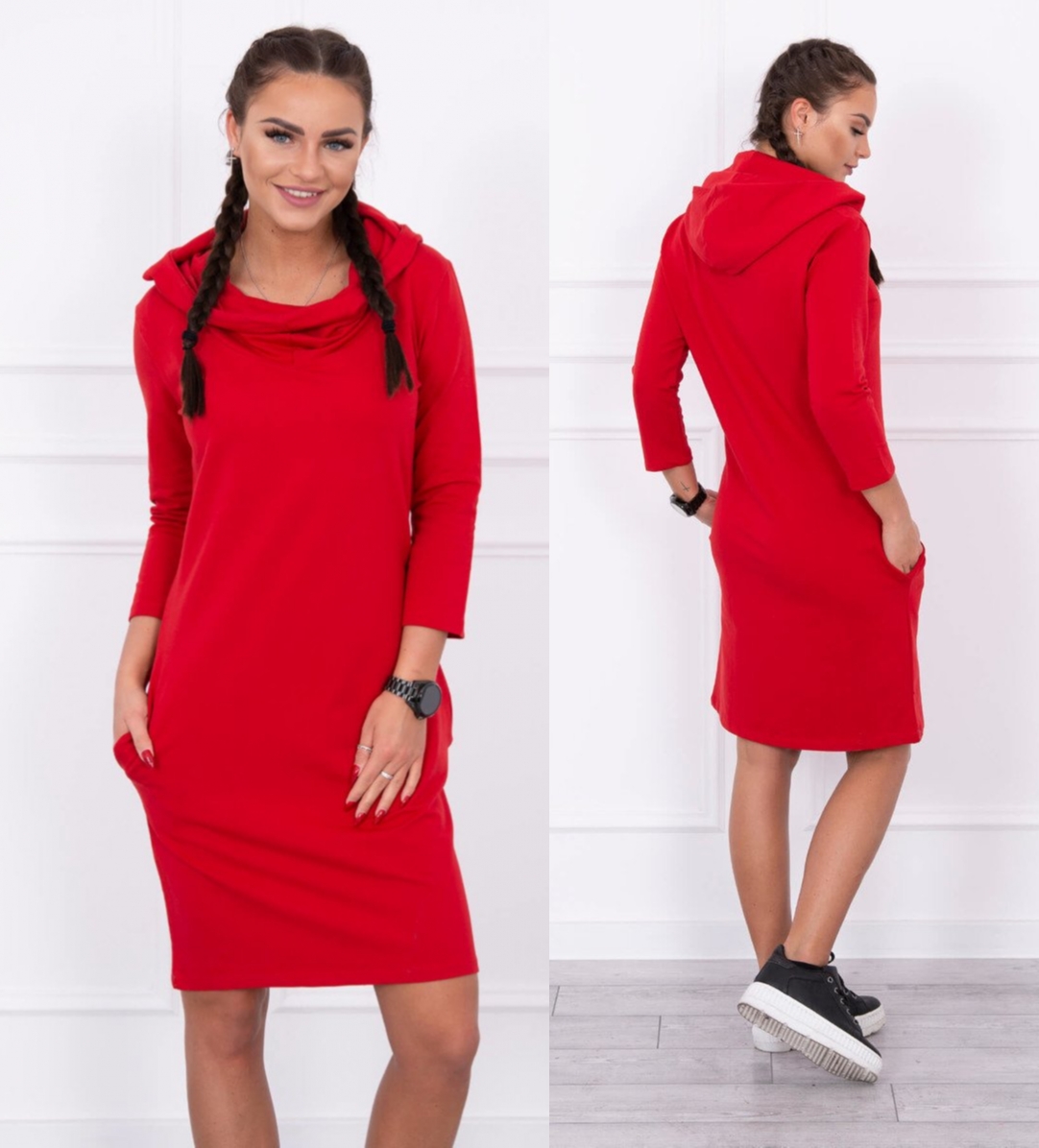 Denní šaty s kapucí a dlouhým rukávem Rowena červené Velikost: Univerzální