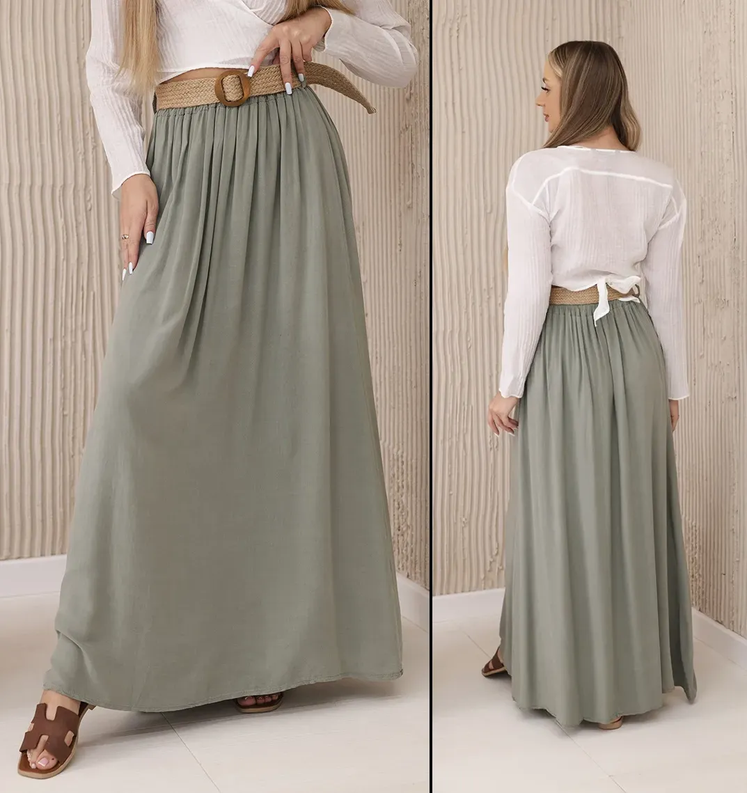 Dlouhá volná sukně s páskem Alexa khaki Velikost: Univerzální