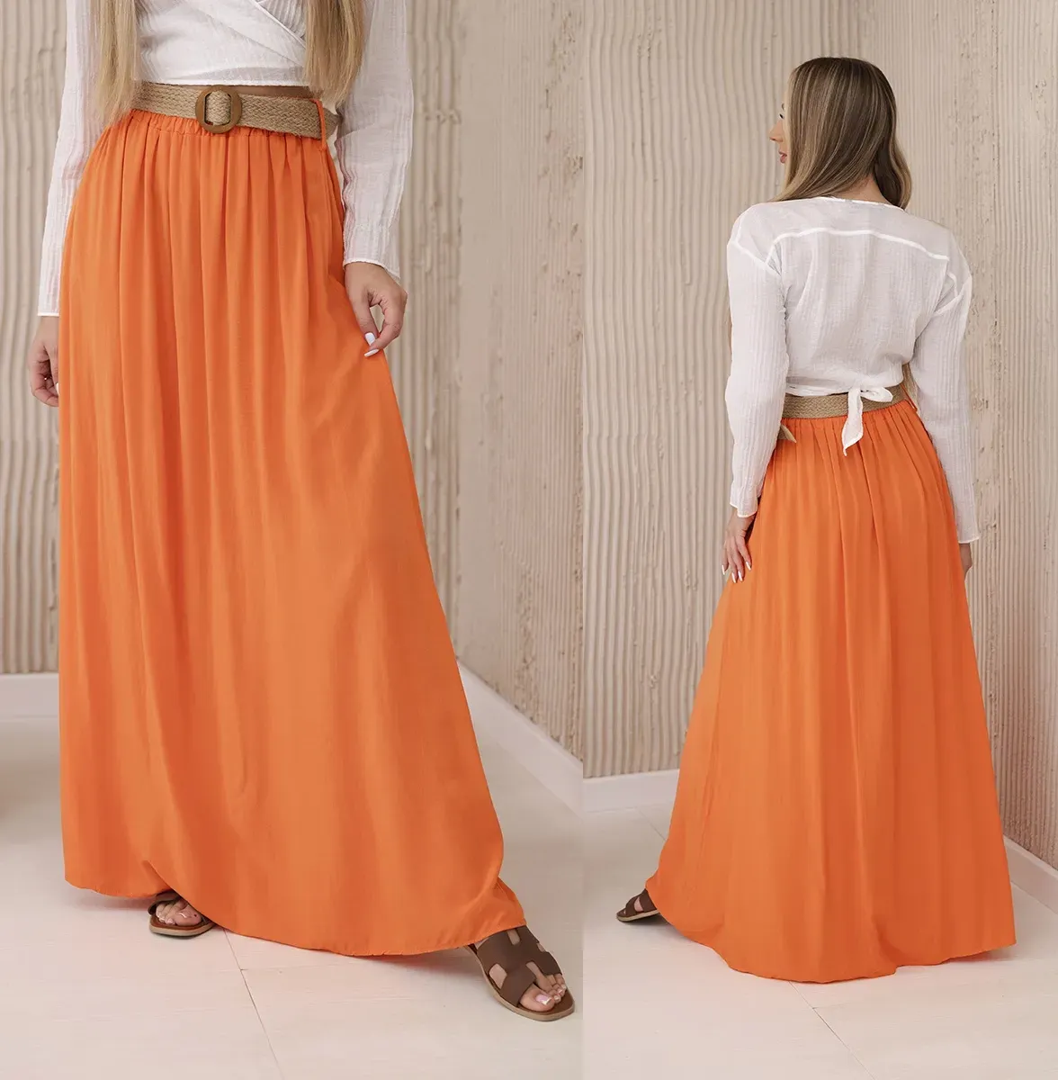 Dlouhá volná sukně s páskem Alexa oranžová Velikost: Univerzální