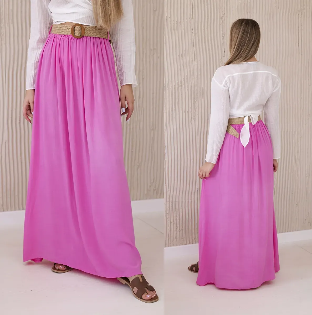 Dlouhá volná sukně s páskem Alexa růžová Velikost: Univerzální