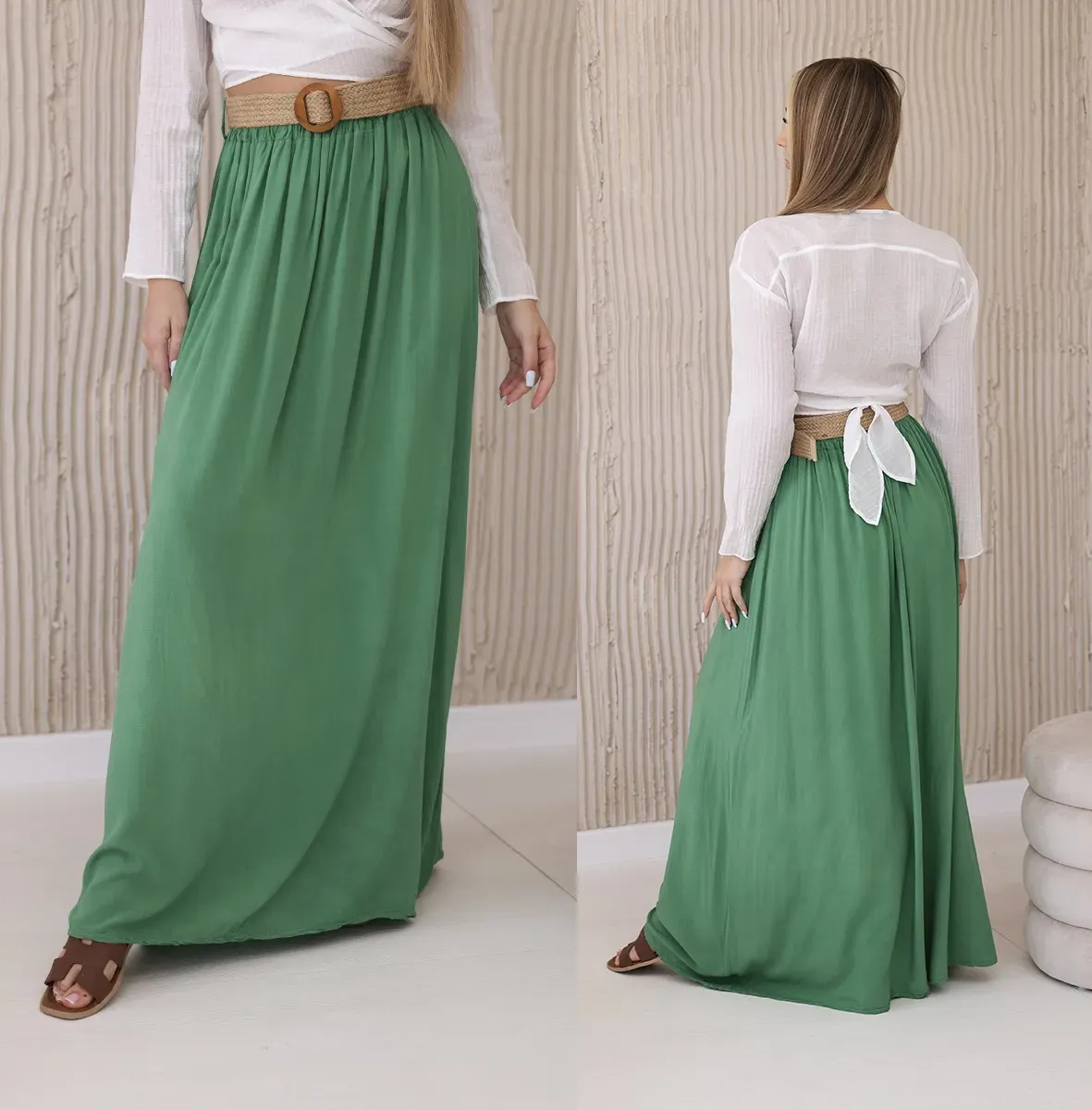 Dlouhá volná sukně s páskem Alexa zelená Velikost: Univerzální