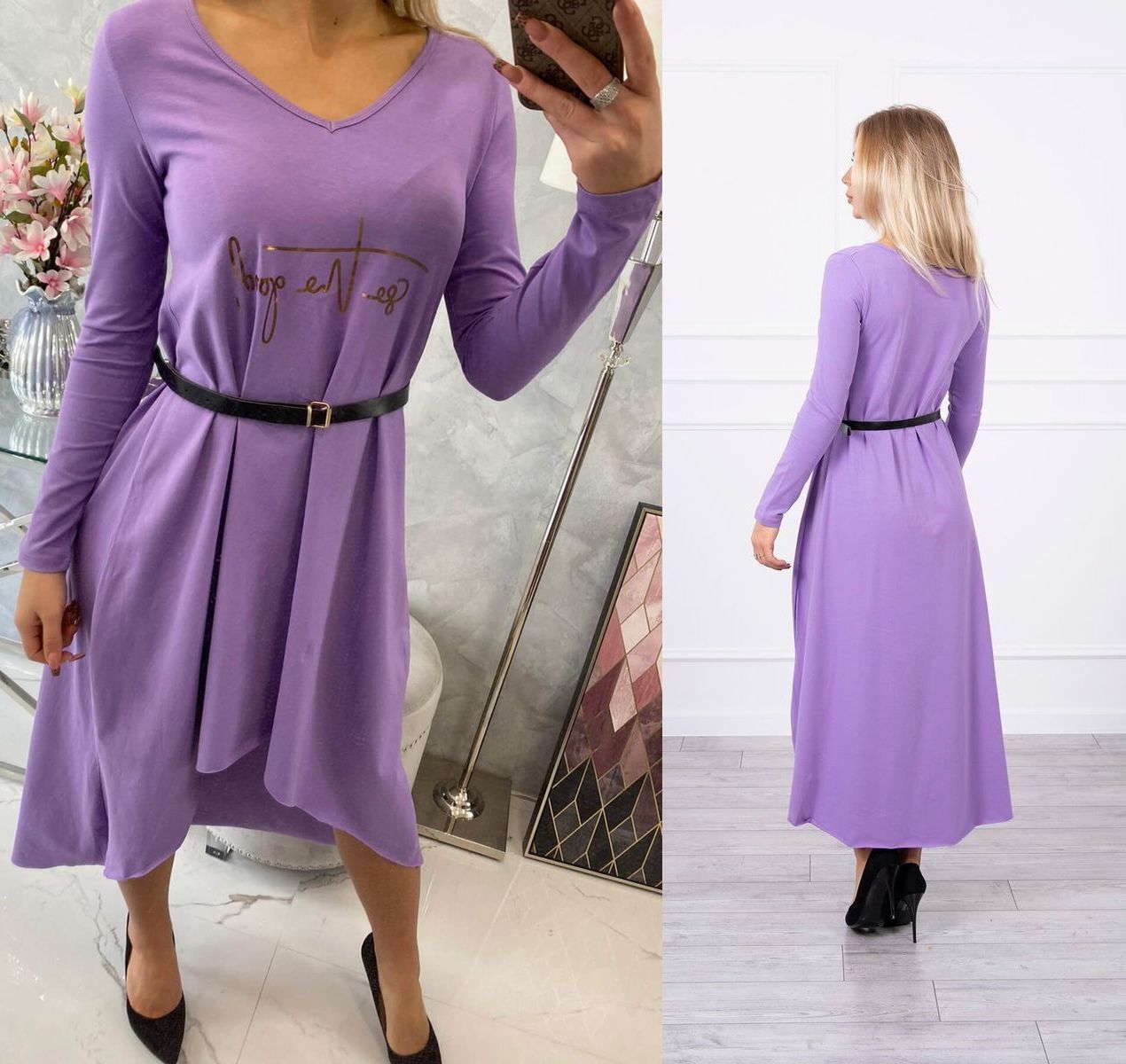 Dlouhé/midi asymetrické šaty s páskem Iesha fialové Velikost: Univerzální