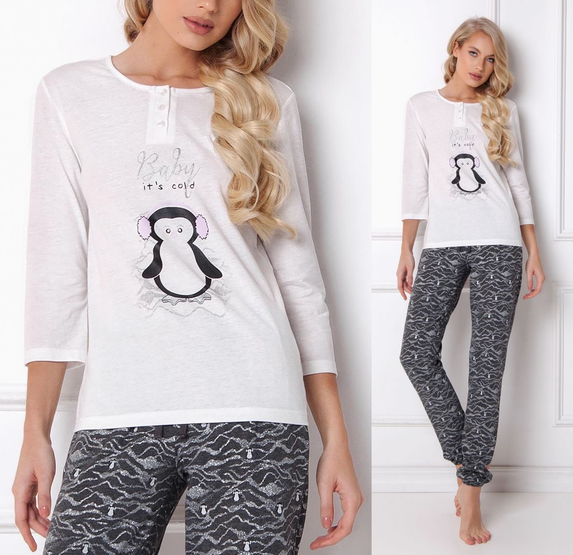 Dlouhé pyžamo s tučňákem Nelle černé/bílé Velikost: XXL