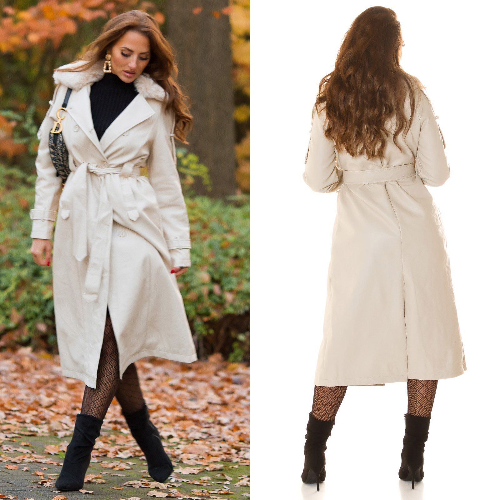 Elegantní koženkový kabát Missie béžový Velikost: M