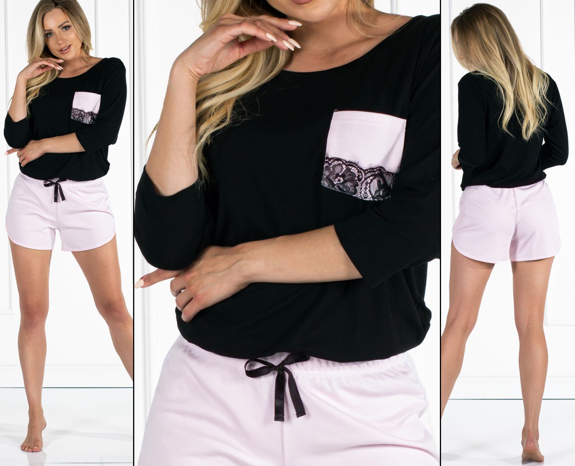 Krátké pyžamo Candy černé/růžové Velikost: L