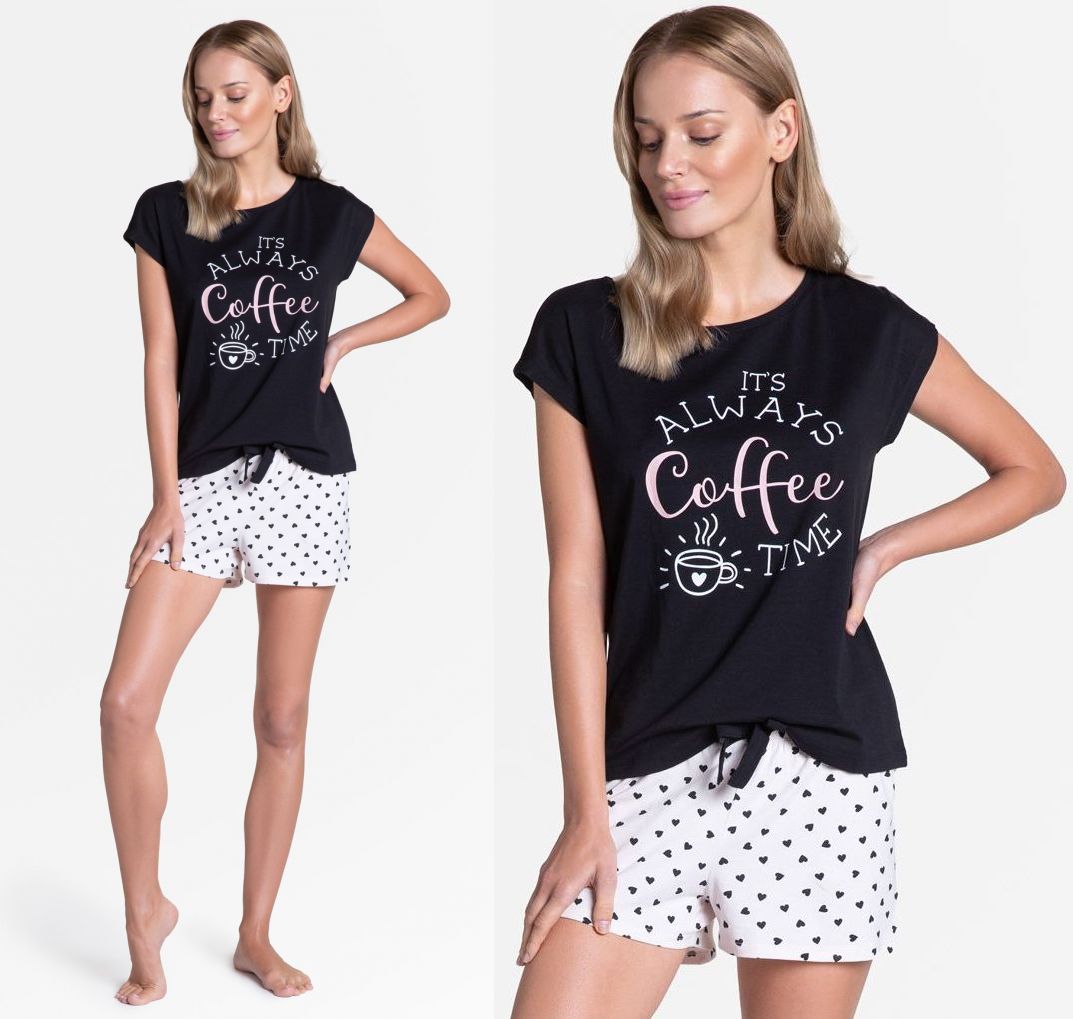 Krátké pyžamo COFFEE se srdíčky Pollie černé/ecru Velikost: XL