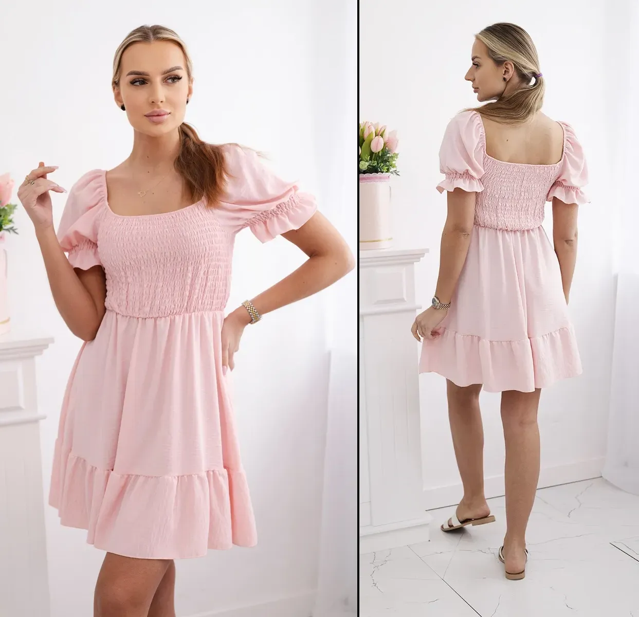 Mini šaty s volánky Mabella pudrově růžové Velikost: Univerzální