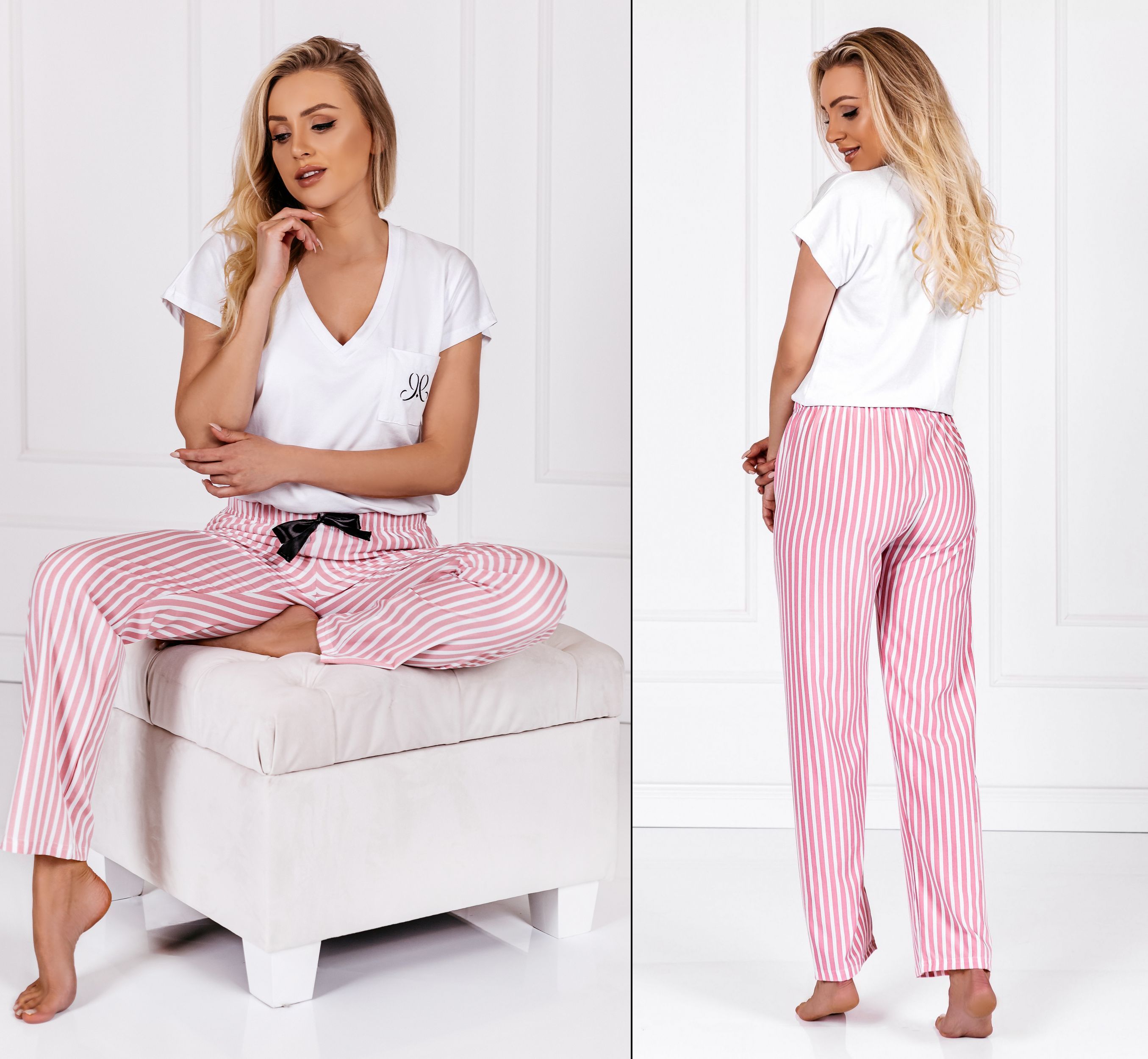 Proužkované dlouhé pyžamo Shannah bílé/růžové Velikost: L