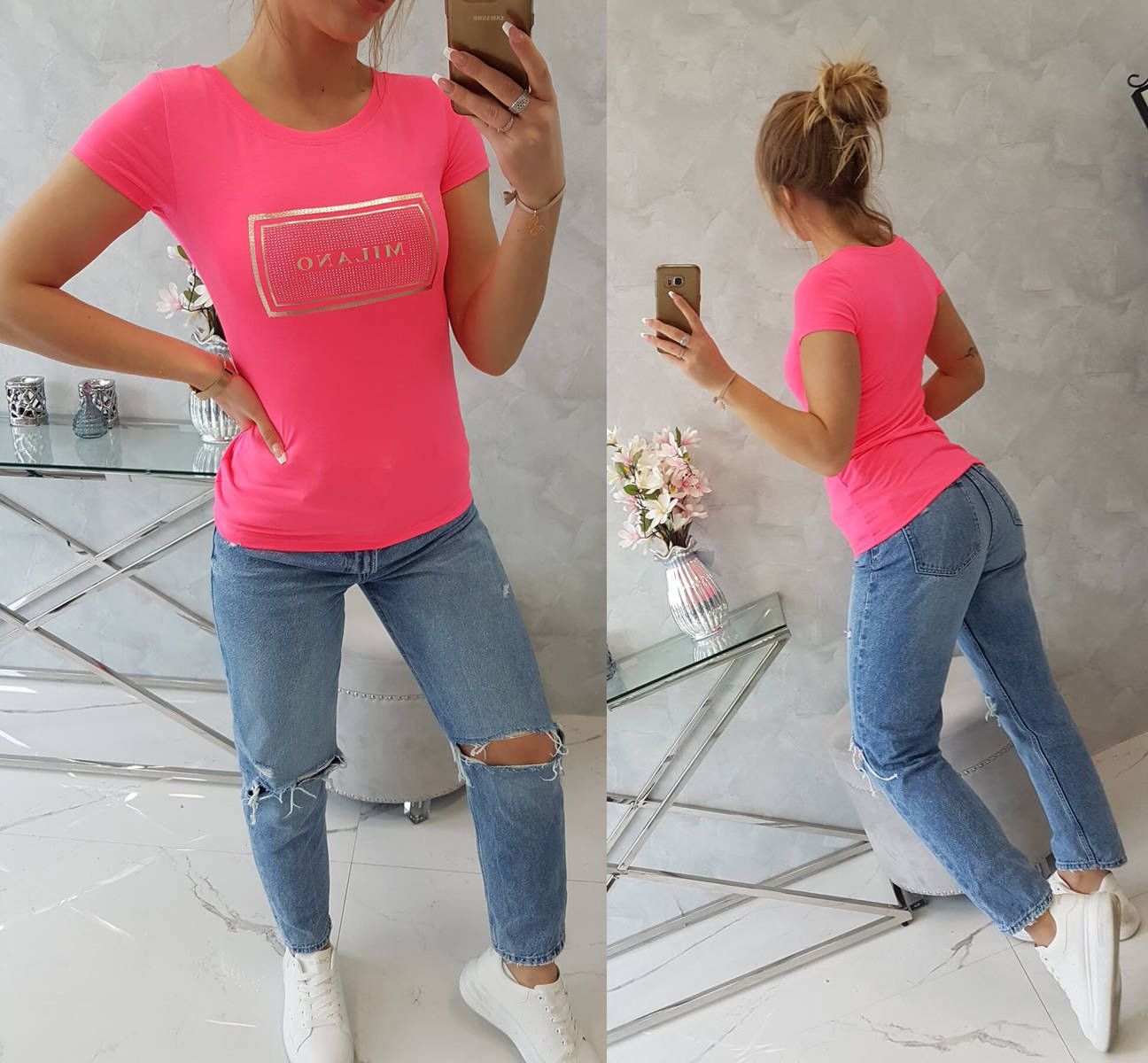 Tričko Milano s kamínky Linda neonově růžové Velikost: Univerzální