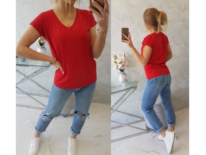 Basic tričko s výstřihem V Fawn červené