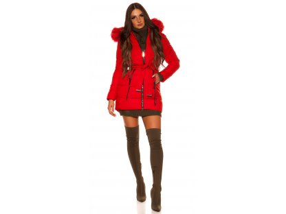 Dámská dlouhá zimní bunda s páskem Aggy červená